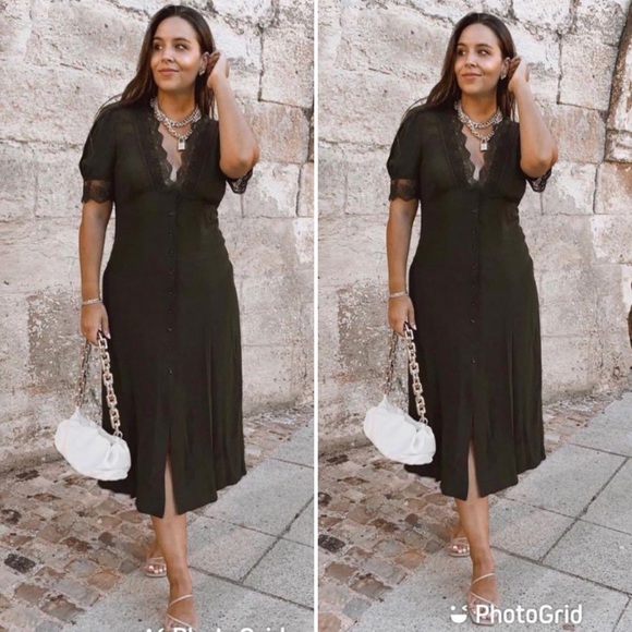Zara Dresses & Skirts - ZARA Green Lace Trim Button Front Midi Dress